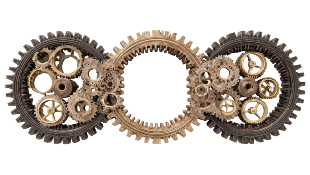 Interlocking gears and wheels, a complex machine