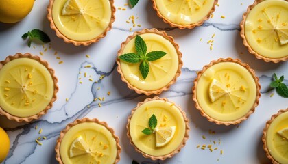 Serene flat lay of lemon tarts on a polished marble base, with pastel yellow and cream colors