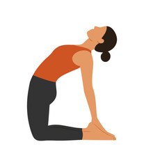 Flat vector profile of Camel Pose; kneeling backbend with hands on heels and open chest. Clean minimal style, isolated on white for mobility, heart opener and flexibility visuals.
