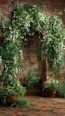Fototapeta premium Brick archway covered in flowering vines, potted plants at base