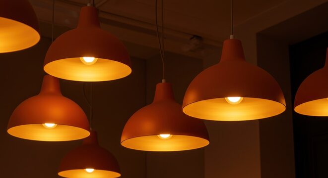 Warm-toned, dome-shaped pendant lights illuminate a dimly lit space. Bulbs glow invitingly, casting soft, ambient light against the dark ceiling