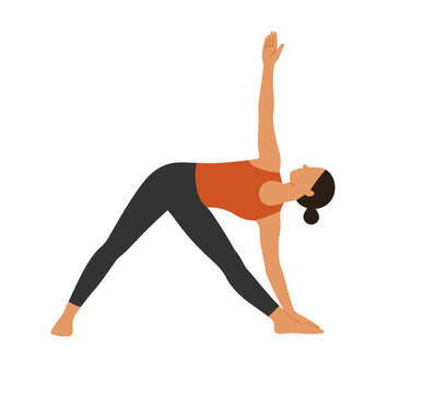 Flat vector of Triangle Pose with wide stance; one hand to foot, other arm raised. Minimal, isolated on white for alignment, balance, lateral stretch and yoga teaching graphics.
