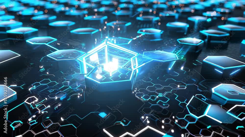 Poster this striking image showcases a futuristic hexagonal pattern with glowing lines and 3d shapes, perfe