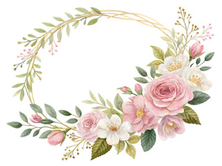 Delicate pink roses white blossoms green leaves gold oval frame isolated on a transparent background