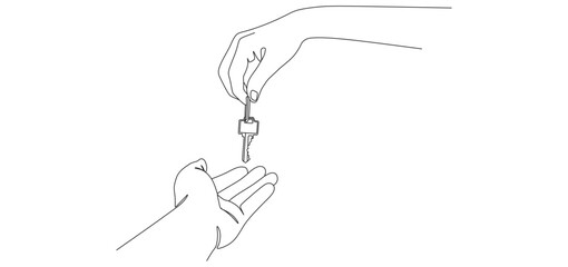 minimal line art illustration showing one hand giving a key to another open hand. The artwork symbolizes key handover, trust, property ownership, renting, real estate transactions, security