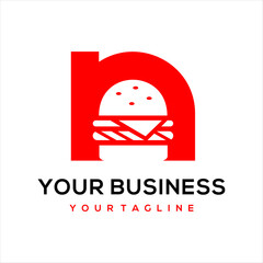 This logo combines the letter n and a burger, suitable for use in the food business.
