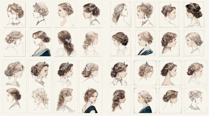 Stylish vintage women’s hairstyles drawn in delicate sketch and pastel tones. Fashion and beauty illustration perfect for editorial design, salon decor, and aesthetic branding visuals.