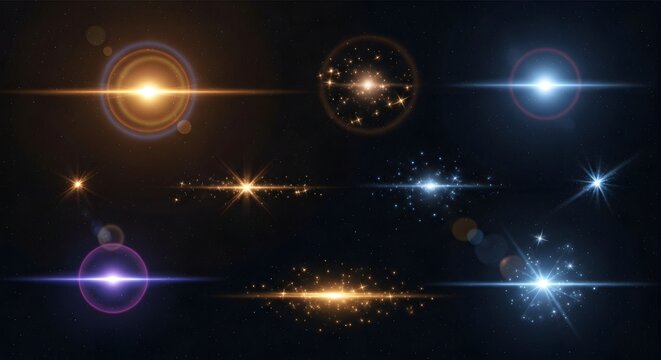 Flash. Realistic flares. Glowing effects. Photography camera light or sunlight reflection from lens. Stars in space. Isolated glints set. Sparkle glares. Vector shimmering elements
