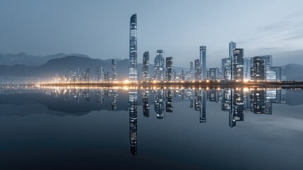 Fototapeta premium City skyline reflected in calm water at dawn
