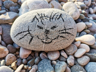 Stone with cat face drawing on a textured surface among various pebbles in natural setting