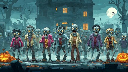 Cartoon zombies walking in front of a spooky house during a full moon halloween night scene halloween art