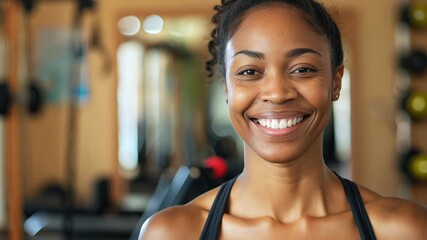 A confident woman smiles in a fitness studio, radiating positivity and motivation. The setting features gym equipment, representing a healthy and active lifestyle.