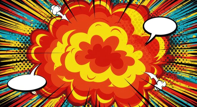 Vivid explosion graphic in comic book style; featuring bright red, yellow, and orange colors. White speech bubbles complete the dynamic visual