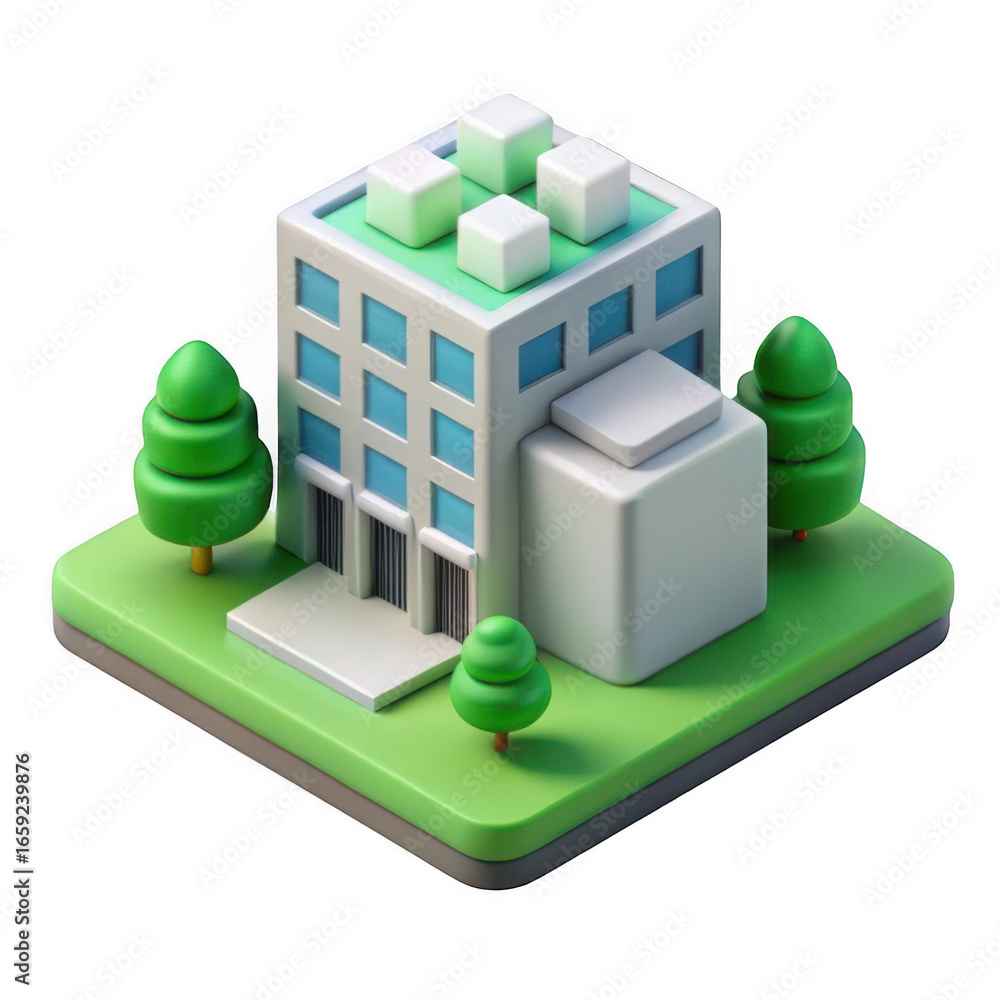 Poster 3d isometric office building with trees isolated on transparent background