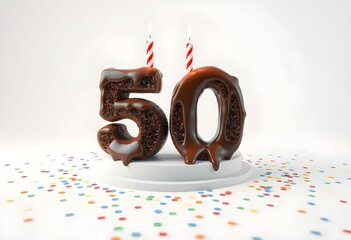 Chocolate number 50 with candles on a white stand surrounded by confetti, celebrating a 50th anniversary or birthday.