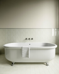 A sleek and clean modern bathroom interior with a white bathtub and classic design elements, 3d render