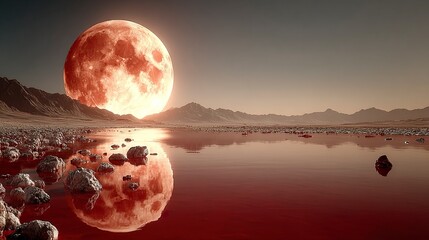 Hyper-realistic seascape at night with an enormous blood moon casting rich red hues across the ocean surface  