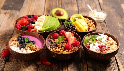 Assortment of vibrant and nutritious fruit and granola breakfast bowls, artfully presented in natural coconut shells on a rustic wooden table, offering a healthy and delicious start to the day