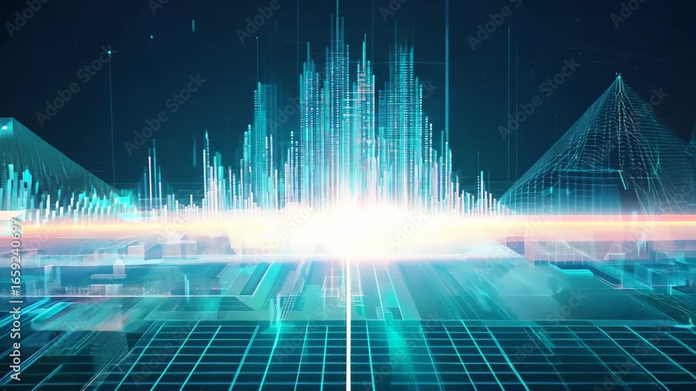Poster vibrant abstract data visualization featuring colorful waves and geometric shapes, perfect for techn