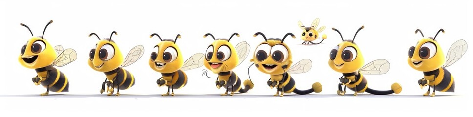 Obraz premium set of cute smiling cartoon bee characters in different poses against a white background