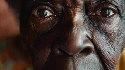 A touching close-up portrait of an elderly woman showcasing her deep emotions and rich life story through expressive eyes and textured skin.