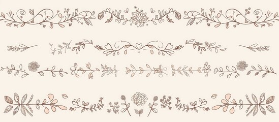 Obraz premium Set of decorative line borders and dividers, vector hand drawn elements for design. A simple linear pattern with hearts, swirls, arrows, floral ornaments