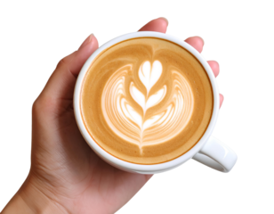 A single hand holding a white cup of latte with art isolated on transparent background.