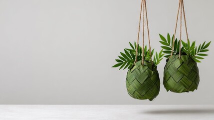 Two hanging leaf baskets with tropical foliage.