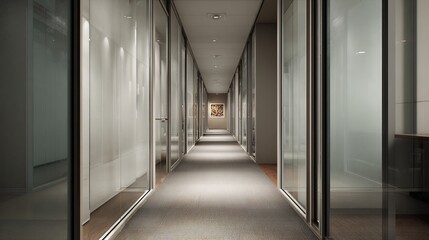 Corporate hallway glass doors and subtle lighting high end finishes silent and empty professional setting