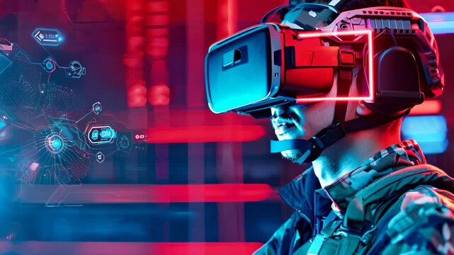 A soldier in advanced virtual reality goggles immersed in a high-tech training session, showcasing the integration of modern technology and military preparation.