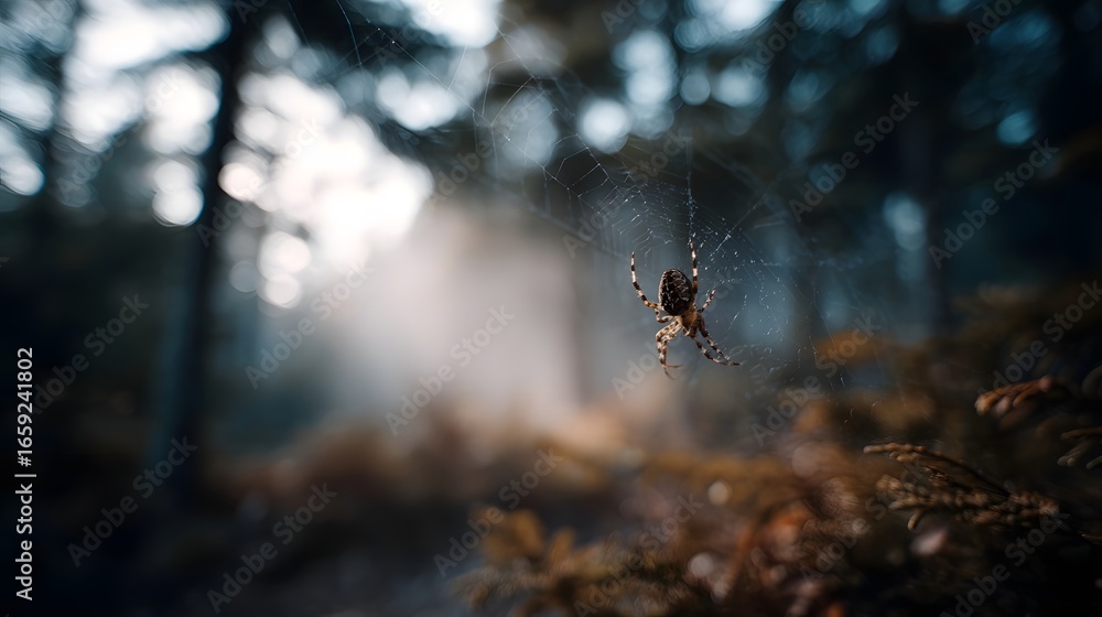 Poster spider weaving intricate web in a serene forest setting