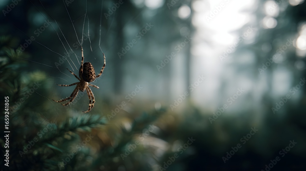 Poster spider weaving its intricate web in a forest setting