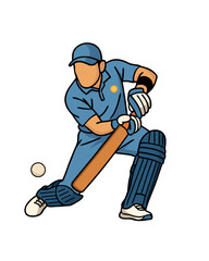 Indian cricketer in blue playing a front-foot shot, pads and gloves visible, eyes on the ball. Clean isolated vector for sports news, T20 posters, match updates and team graphics.