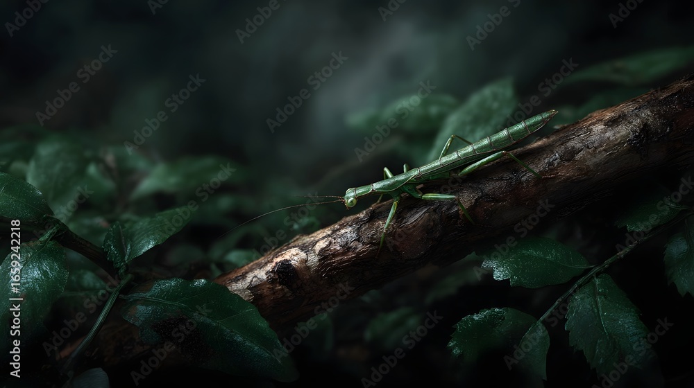 Poster Camouflaged insect blending seamlessly on a branch in the forest