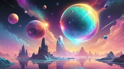 Fototapeta premium Surreal Cosmic World with Floating Planets and Moons, Generative AI