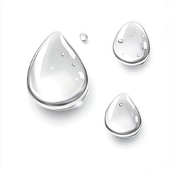 Three large, clear water droplets on a white background, vector illustration, flat design, in white and silver colors