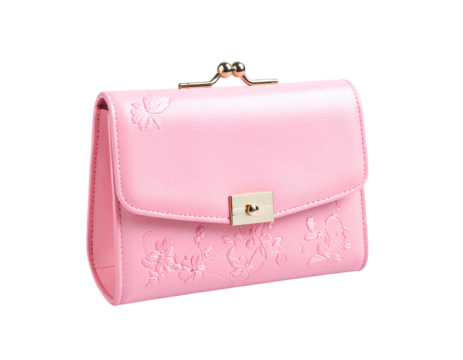 A pink fashionable clutch purse for women isolated on transparent background.