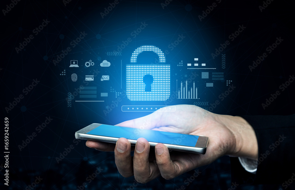 Poster cybersecurity protection system showing password encryption, fingerprint id, cloud security, email, 