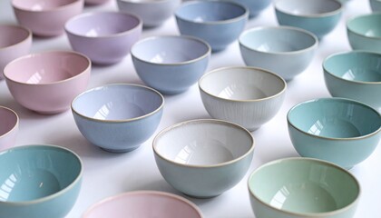 A beautiful assortment of handcrafted ceramic bowls in a variety of soft pastel shades, arranged neatly on a clean white surface representing simplicity and craftsmanship