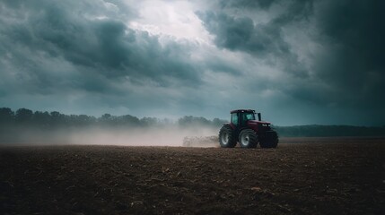 Naklejka premium Tractor plowing a field on a cloudy day