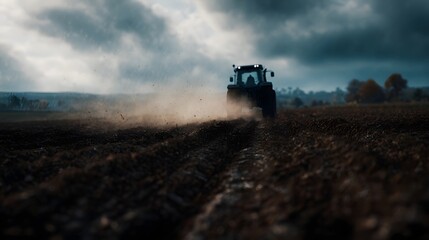 Fototapeta premium Tractor plowing a field under a stormy cloudy sky