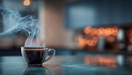 Steam rising from a clear coffee cup on a countertop
