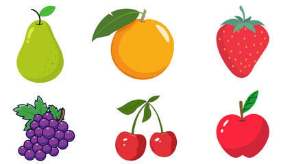 Mixed Fruits Vector Illustration Set – Pear, Orange, Strawberry, Grapes, Cherry, and Apple Clipart, Assorted Fruits Vector – Summer Healthy Food Illustration, Cartoon Fruits Vector – Apple, Strawberry