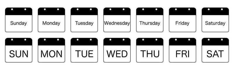 Weekday calendar monochrome set Sunday, Monday, Tuesday, Wednesday, Thursday, Friday, Saturday
