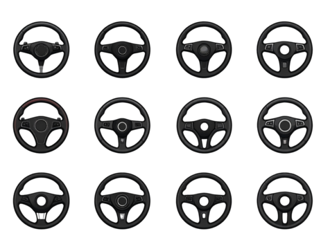 Set of Car, auto vectors icons. Automobile, machine, drive symbols. Steering wheel icons fill styles signs for mobile concept and web designs. Wheels symbols illustrations on transparent