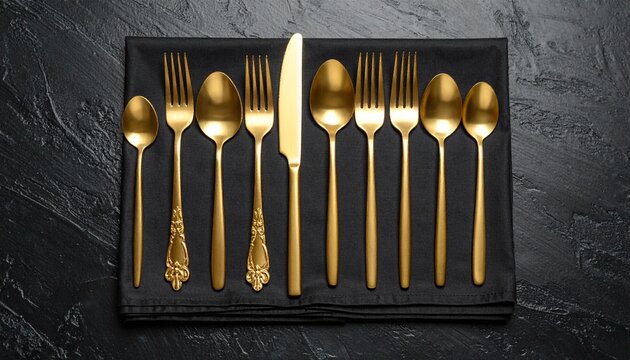 Elegant golden cutlery set including forks, spoons, and a knife arranged on a black napkin for a luxury fine dining experience