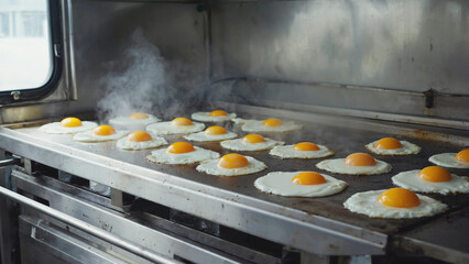  Breakfast truck, eggs cracking on flat top with sizzling sound and steam rising illustration. Ai generated.