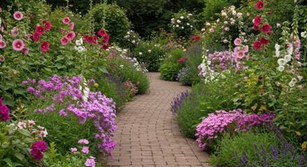 Meandering brick path leads through a vibrant flower garden with roses and tall pink blooms