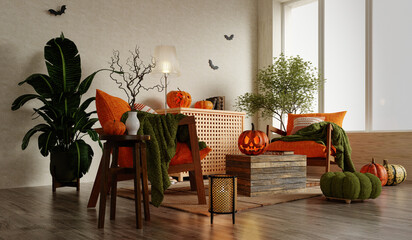 Halloween celebration interior decor featuring pumpkins and cozy seating. 3D render illustration