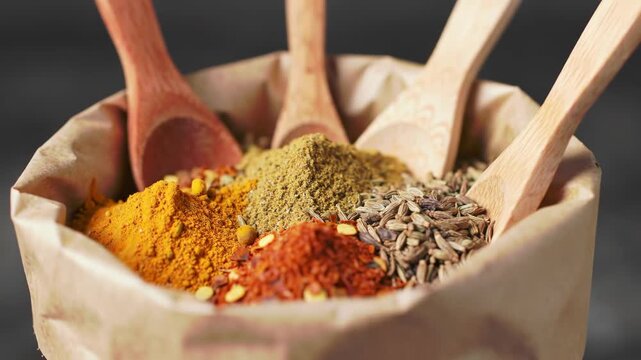 Assorted spices in bag with wooden spoons on dark background